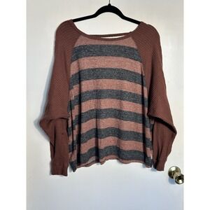 Billabong Striped Waffle Knit Thermal Shirt Women's M Raglan